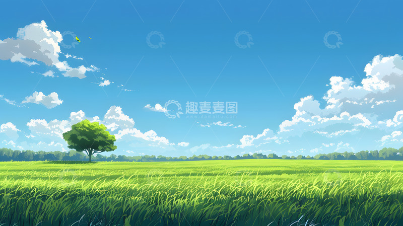 晴朗蓝天下的广阔草原与独立树木