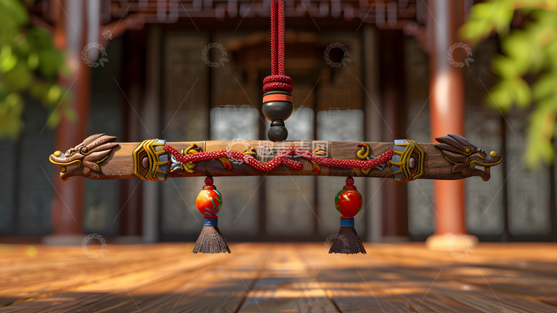 高清大图下载【趣麦麦图】悬挂的传统中式剑饰与建筑背景
