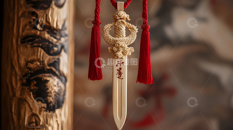 高清大图下载【趣麦麦图】-中式雕刻象牙挂件与红色流苏装饰