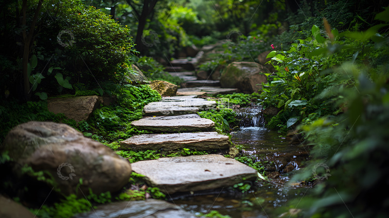 高清大图下载【趣麦麦图】雨中花园小径石板路风景