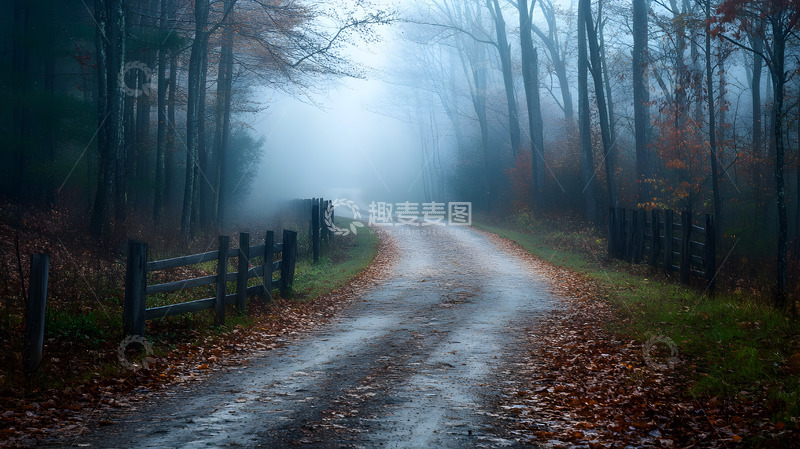 高清大图下载【趣麦麦图】秋季晨雾中的林间小路
