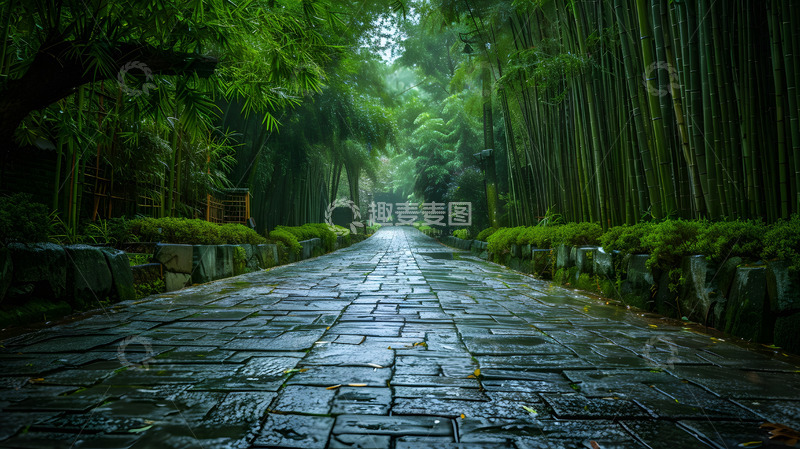 高清大图下载【趣麦麦图】雨中竹林石板路风景