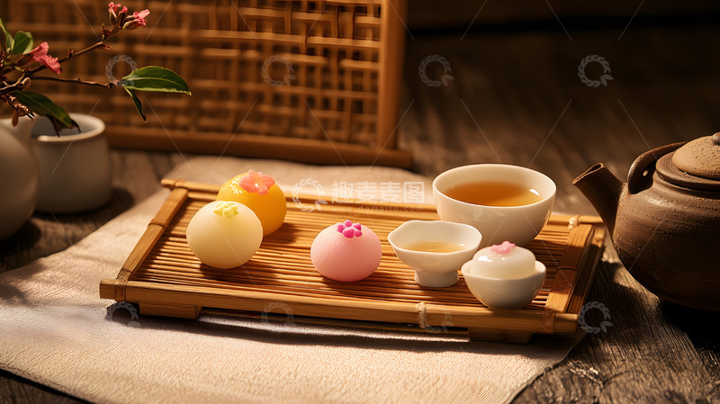 高清大图下载【趣麦麦图】中式茶具与多色糕点的温馨茶点时光美食摄影
