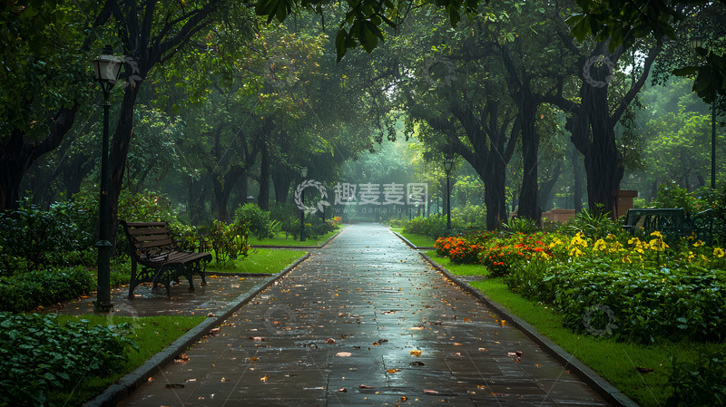 高清大图下载【趣麦麦图】雨后宁静的城市公园步道景观