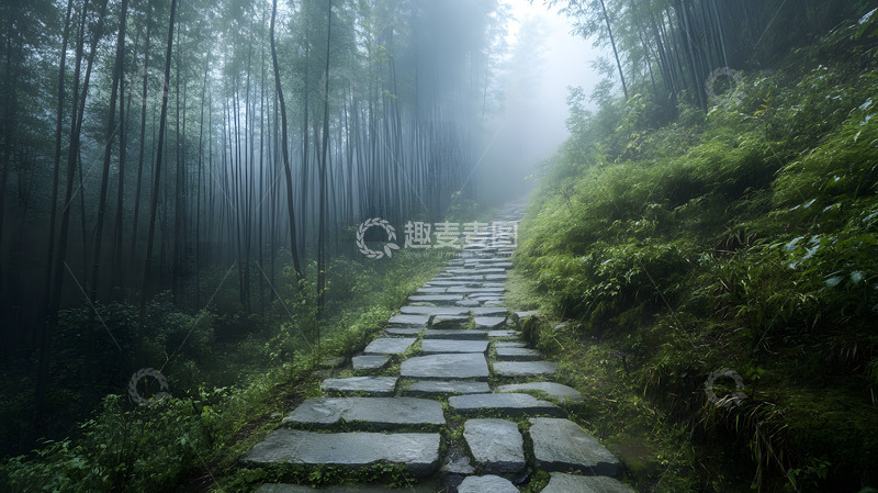 高清大图下载【趣麦麦图】雾中山林石板小径