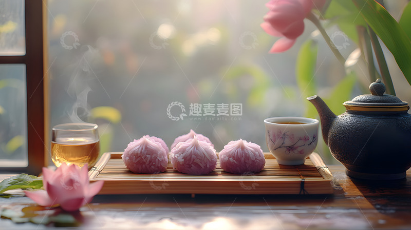 高清大图下载【趣麦麦图】中式茶点与茶壶的温馨午后茶时美食摄影
