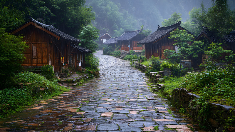高清大图下载【趣麦麦图】雨中青石板路上的传统中式村庄景色