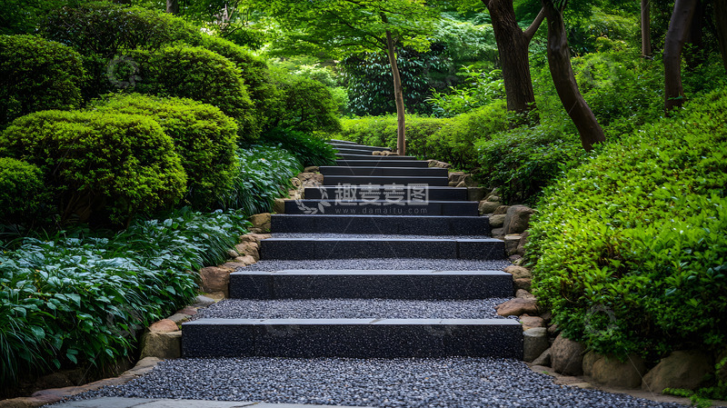 高清大图下载【趣麦麦图】绿意盎然的花园台阶通向宁静小径