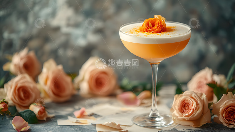 高清大图下载【趣麦麦图】-玫瑰装饰橙色鸡尾酒的浪漫精致美食摄影