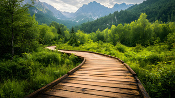 山间木质小路与远山风景