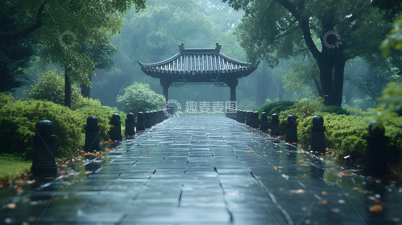 高清大图下载【趣麦麦图】雨中宁静的中式园林亭台景观