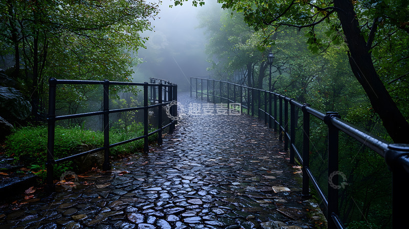 高清大图下载【趣麦麦图】雨中湿滑的森林步道与雾气弥漫的景观