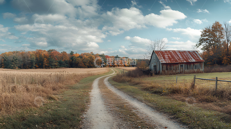 高清大图下载【趣麦麦图】秋日乡村小屋与蜿蜒乡间小路风景