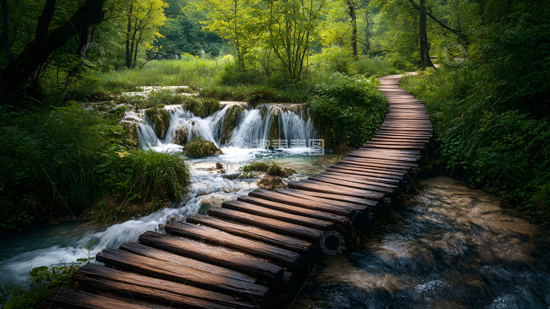 高清大图下载【趣麦麦图】森林瀑布旁的木板桥小径