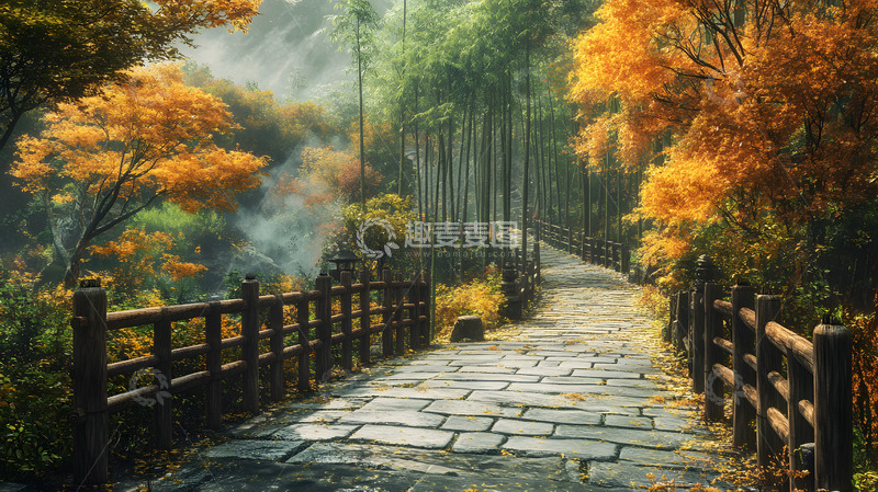 高清大图下载【趣麦麦图】秋日暖阳照耀下的森林小桥与石板路