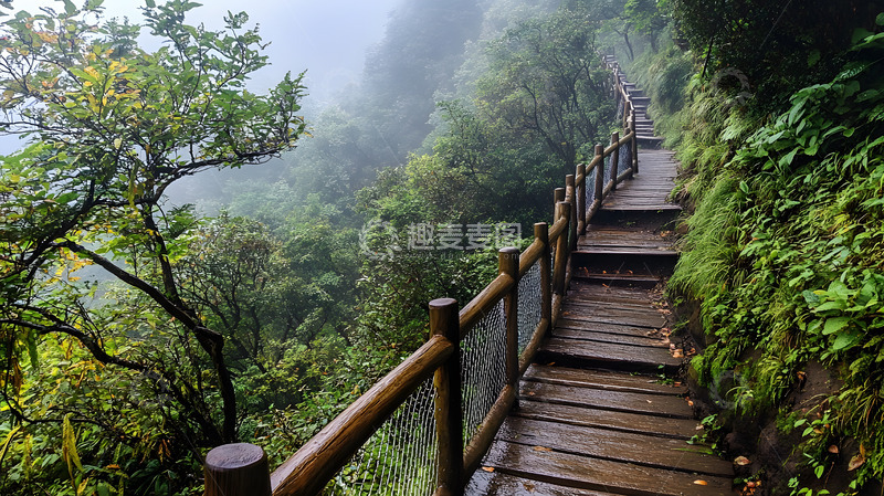 高清大图下载【趣麦麦图】雾中山间木栈道