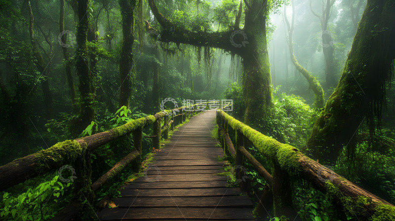 高清大图下载【趣麦麦图】森林小径木桥绿植覆盖