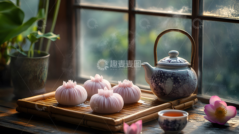 高清大图下载【趣麦麦图】中式点心与茶壶的宁静茶点时光美食摄影