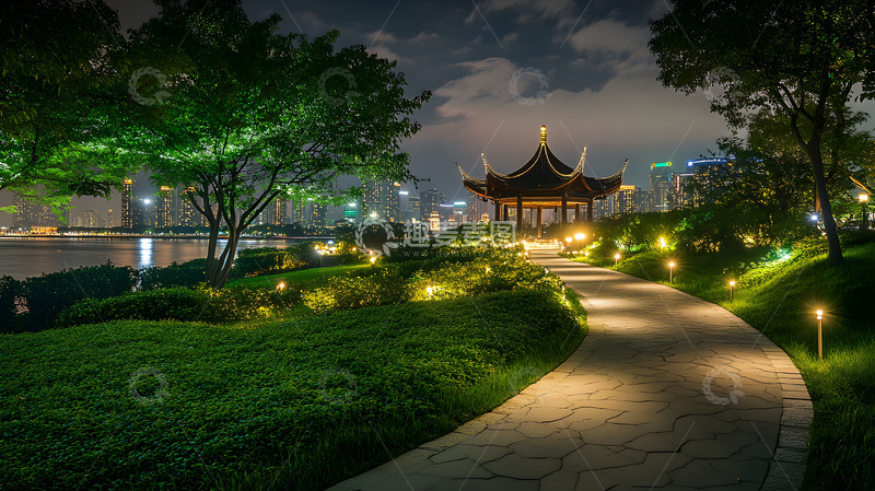 高清大图下载【趣麦麦图】夜晚城市公园中的灯光小径与亭台