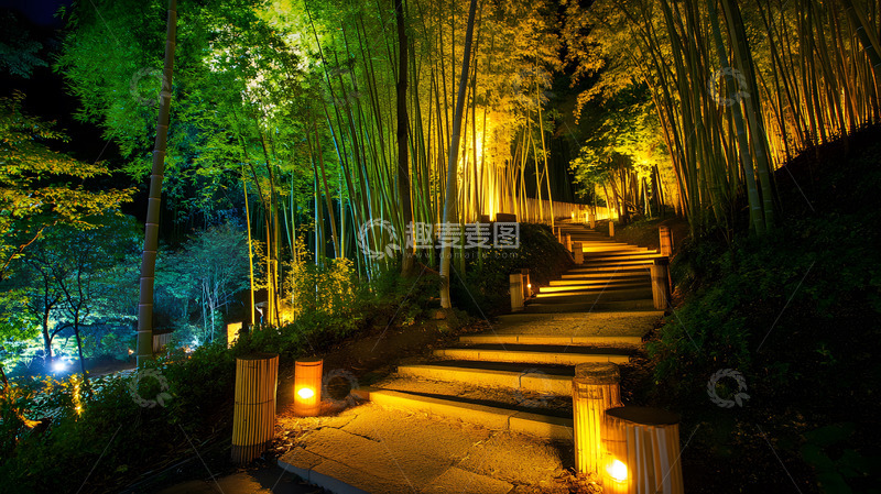 高清大图下载【趣麦麦图】夜晚灯光下竹林石阶小路的神秘风景壁纸