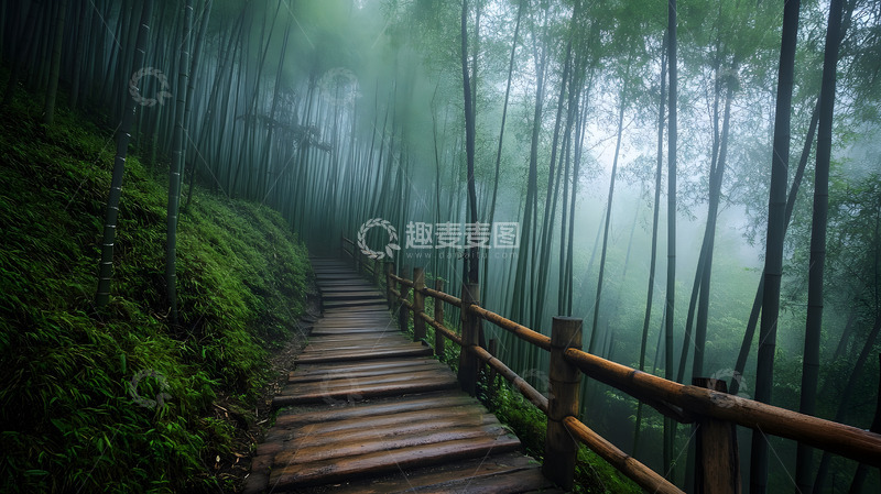 高清大图下载【趣麦麦图】雾中竹林木质栈道的宁静风景壁纸