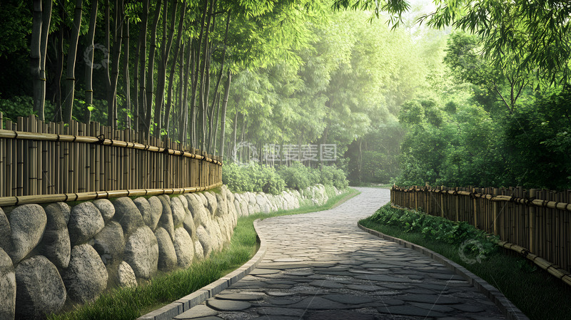 高清大图下载【趣麦麦图】竹林与石墙环绕的蜿蜒园林小路自然风景壁纸