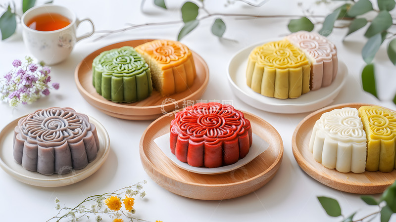 高清大图下载【趣麦麦图】-彩色冰皮月饼摆盘静物摄影中秋美食