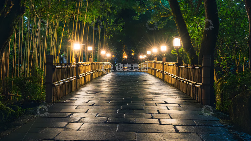 高清大图下载【趣麦麦图】雨后竹林石板路灯光夜景壁纸