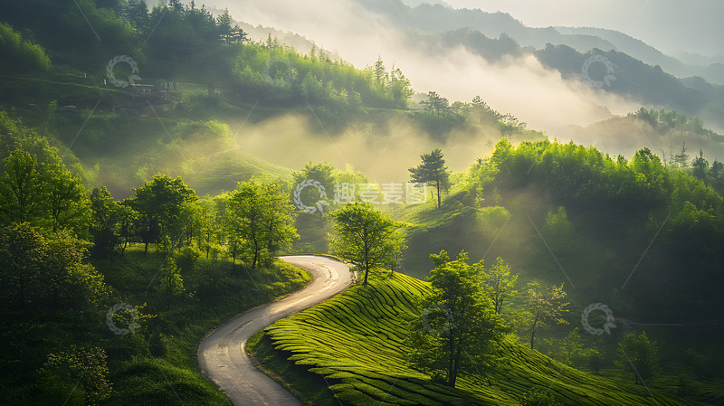 高清大图下载【趣麦麦图】阳光洒落云雾缭绕的山间小路自然风景壁纸