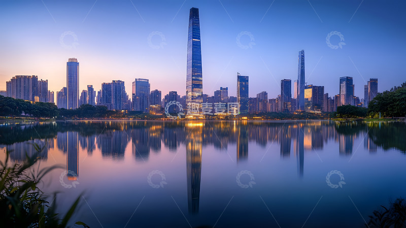高清大图下载【趣麦麦图】湖畔倒影中的现代城市天际线夜景