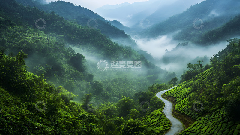 高清大图下载【趣麦麦图】云雾笼罩的山间小路与绿色山脉自然风光壁纸