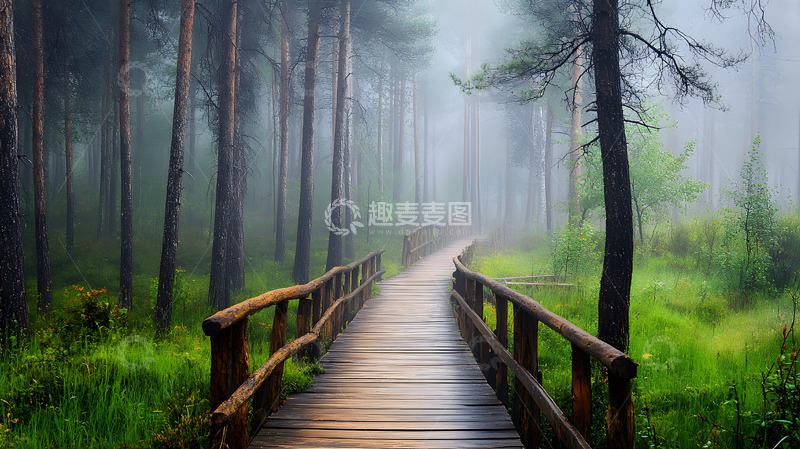 高清大图下载【趣麦麦图】雾气笼罩的森林木桥小径自然风光壁纸
