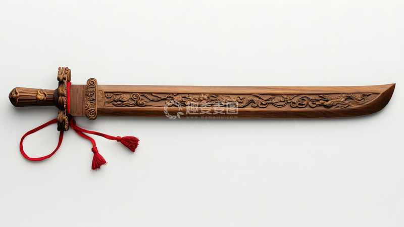 高清大图下载【趣麦麦图】-雕花木剑配红色流苏中式传统工艺品摄影