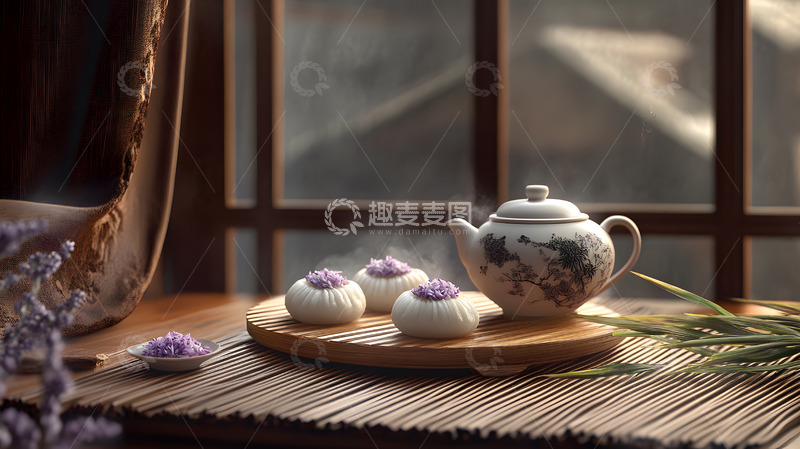 高清大图下载【趣麦麦图】传统茶壶与中式糕点窗边静物美食摄影