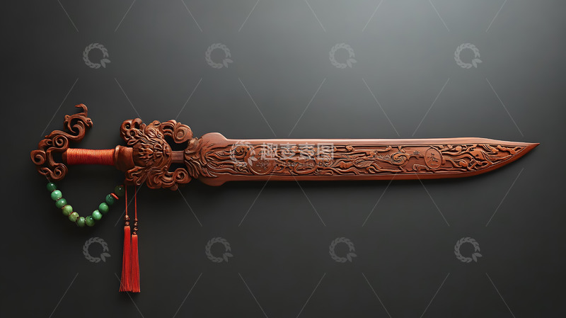 高清大图下载【趣麦麦图】-雕花铜剑配红绿流苏中式传统工艺品武器摄影