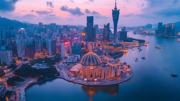 滨海城市日落全景与现代建筑夜景