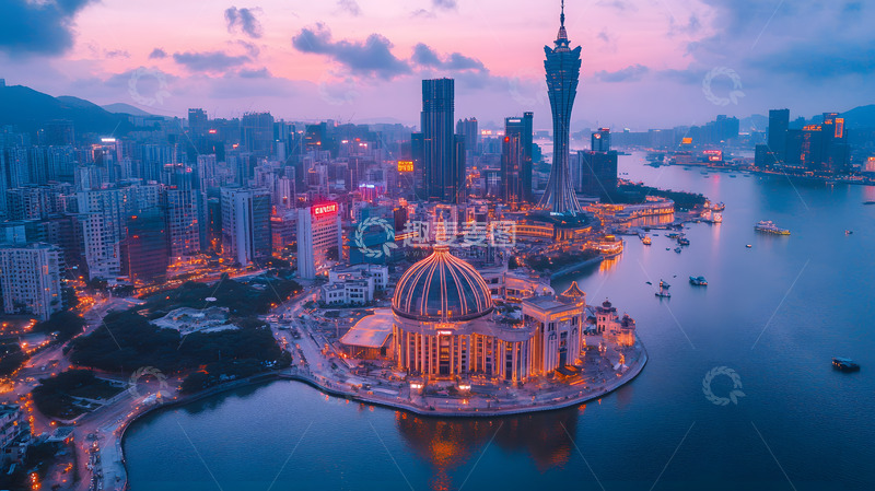 滨海城市日落全景与现代建筑夜景