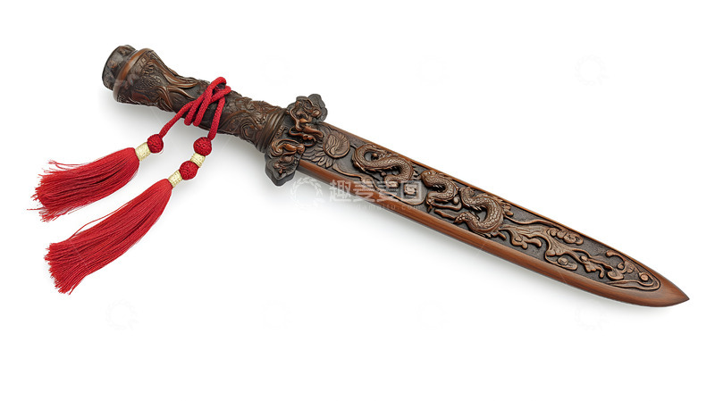 高清大图下载【趣麦麦图】-雕花铜剑带红色流苏传统中式工艺品摄影