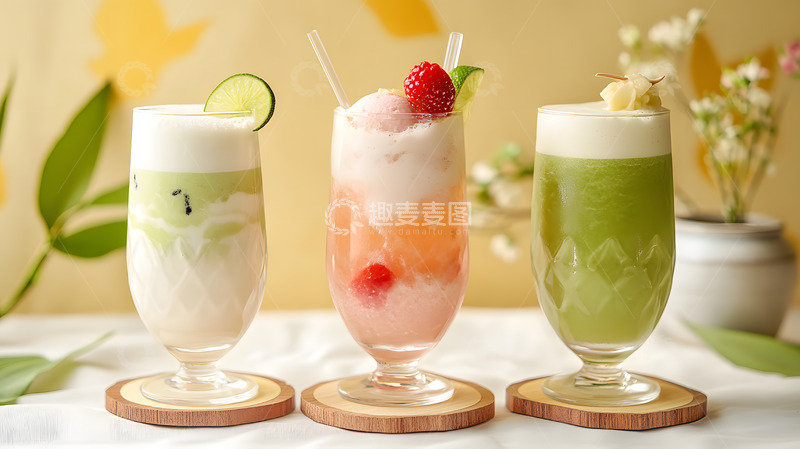 高清大图下载【趣麦麦图】三色水果奶昔健康饮品静物摄影
