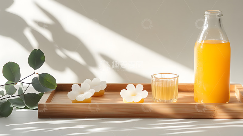 高清大图下载【趣麦麦图】阳光洒落木托盘上的橙汁与鲜花静物摄影
