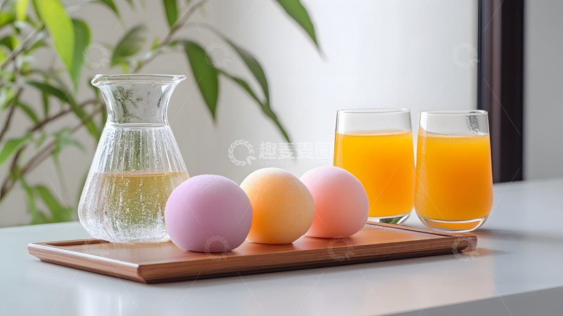 高清大图下载【趣麦麦图】果汁搭配彩色汤圆健康早餐美食摄影