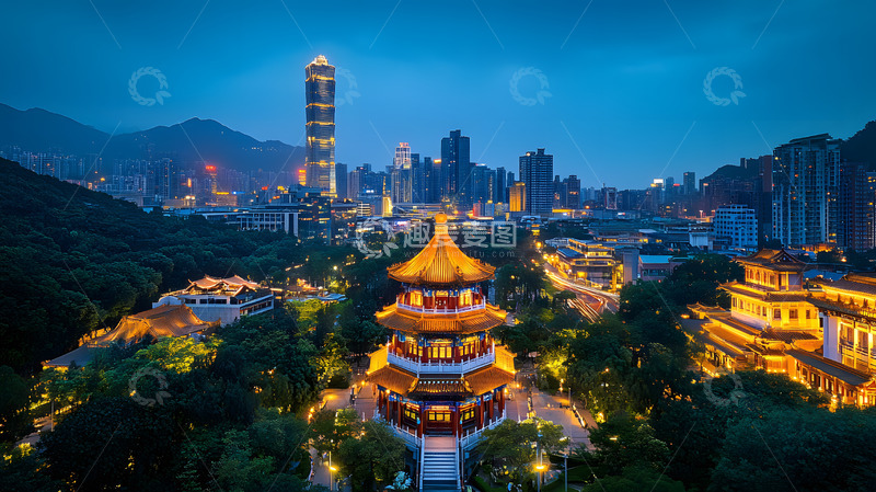 城市夜景中国传统建筑与现代高楼交相辉映