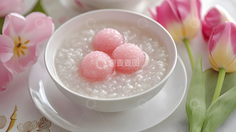 高清大图下载【趣麦麦图】粉色汤圆搭配西米露春日甜品美食摄影