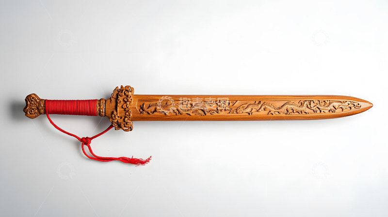 高清大图下载【趣麦麦图】-雕花木剑配红色剑穗中式传统工艺品摄影