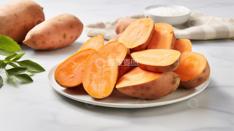 高清大图下载【趣麦麦图】橙黄红薯与绿色植物的健康餐桌