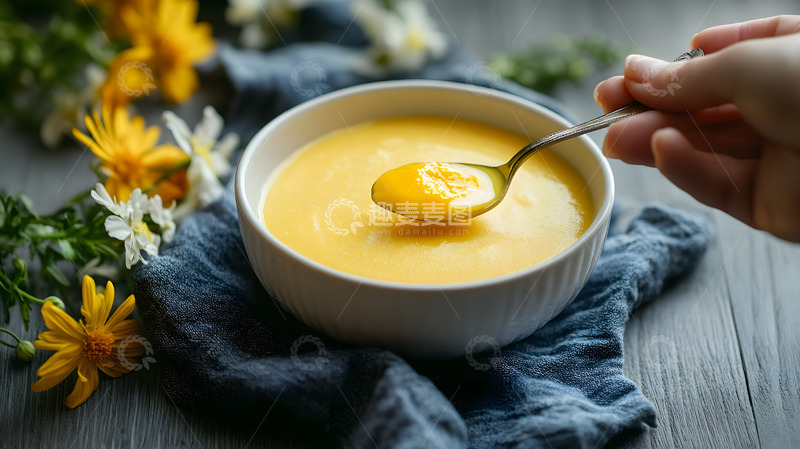 高清大图下载【趣麦麦图】手持勺子舀取南瓜羹秋季温暖美食摄影