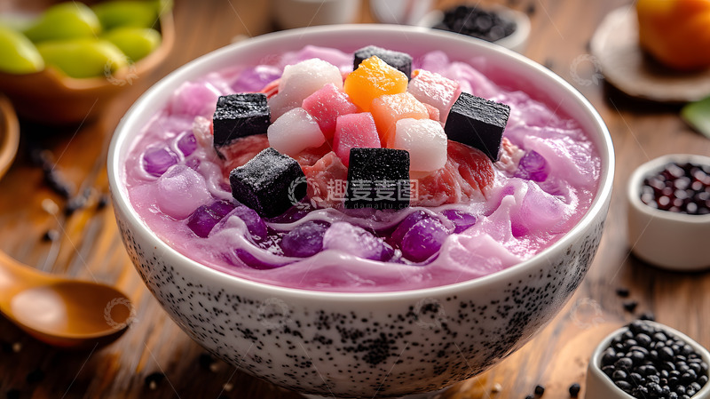 高清大图下载【趣麦麦图】彩色芋圆椰奶甜品木桌上美食摄影