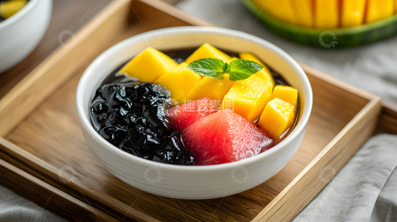 高清大图下载【趣麦麦图】芒果西米黑米甜品拼盘美食摄影