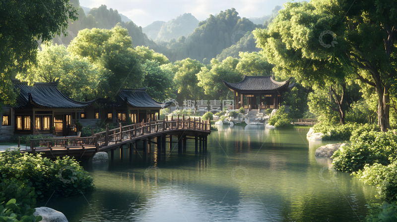 高清大图下载【趣麦麦图】湖边传统建筑与木桥的自然风光