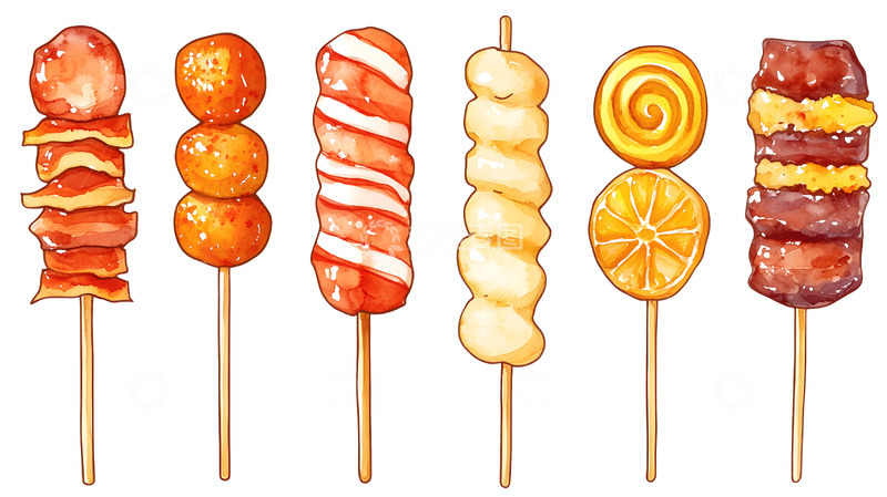 高清大图下载【趣麦麦图】创意串串小吃插画设计街头美食风格